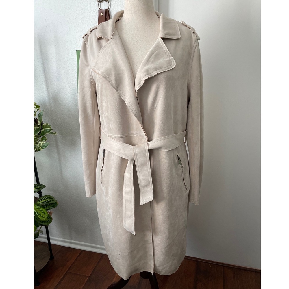 T Tahari XL Faux Suede Open Front Belted Trench Coat Ivory Beige Old Money